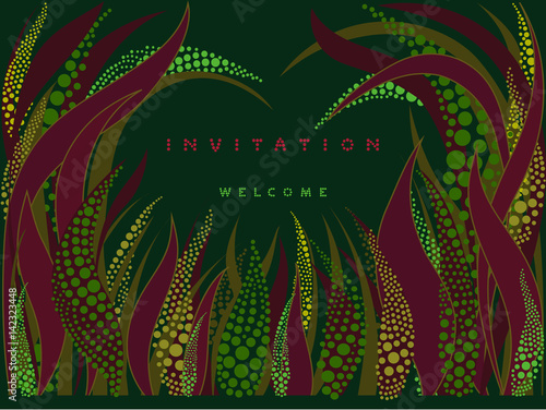 Horizontal invitation card with point style lettering on dark green background with plant graphic ornament - vector illustration