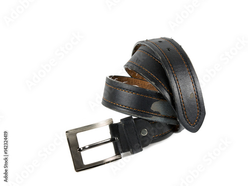 Old leather belt with buckle isolated on white background