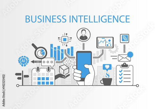Business intelligence concept as vector background illustration with various symbols