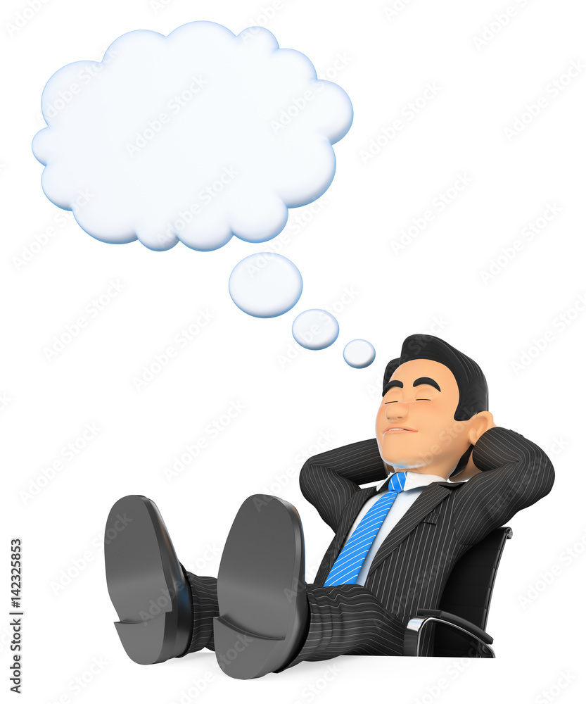 3D Businessman sleeping with feet up and thinking bubble 3D Businessman sleeping with feet up and thinking bubble