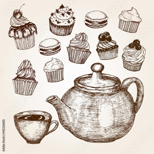 Hand drawn cupcakes with teapot and cup of tea in vintage style