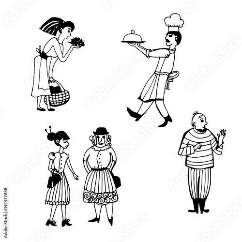 Drawing set of comic characters of man and woman, contour sketch vector illustration