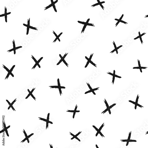 Repeated cross painted rough brush. Seamless pattern. Black, white.