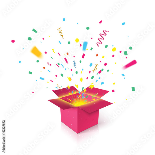 Open pink gift box and confetti fountain. Christmas present. Vector Illustration