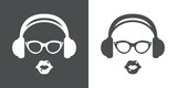 Icono plano auriculares con gafas y labios gris y blanco