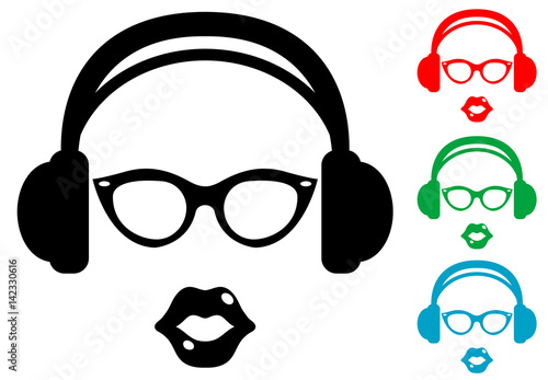 Icono plano auriculares con gafas y labios varios colores