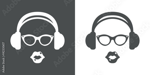 Icono plano auriculares con gafas y labios gris y blanco