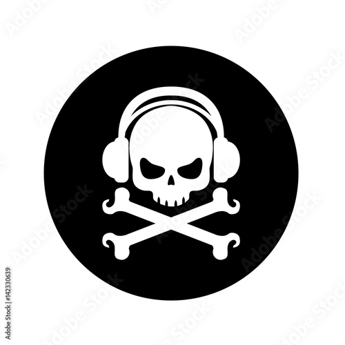 Icono plano auriculares musica pirata en circulo negro