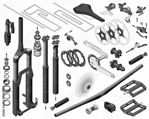 Vector isometric illustration of set of mountain bike components consisting of brakes, shifting, hubs, 

forks, shocks.
