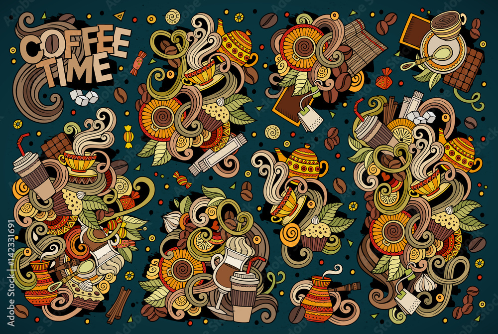 Vector doodle cartoon set of tea and coffe