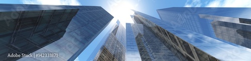 Panorama of skyscrapers against the sky with clouds, 3D rendering
