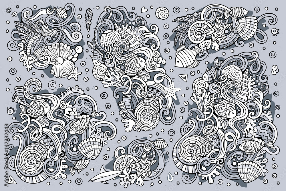 Obraz premium Line art set of marine life objects