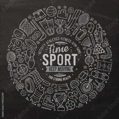 Vector hand drawn set of Sport cartoon doodle objects