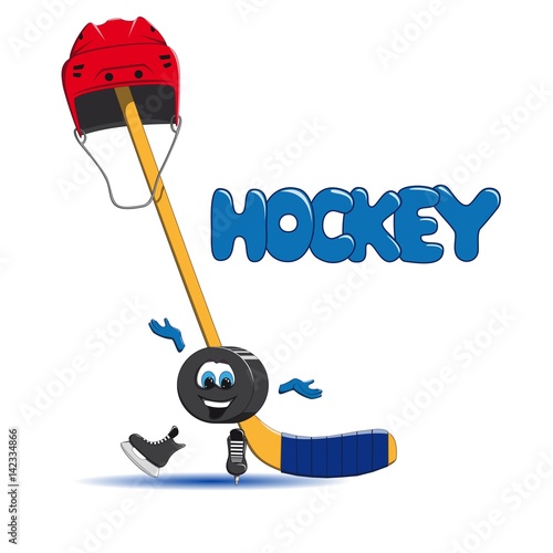 Hockey puck is ice skating, and in the background a hockey red helmet and an ice hockey hat are put on the stick  
