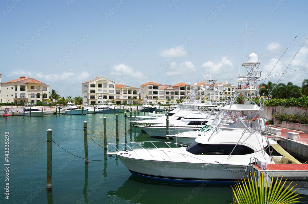 Rich yachts at Dominican Republic, Caribbean sea, beatiful bay, seeshore, region Punta Cana