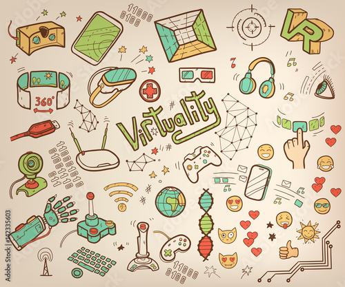 Doodle vector collection of virtual reality and innovative techn
