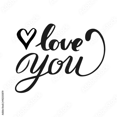 Hand lettering words   love you  and doodle heart. card with cute lettering. Vector isolated illustration.