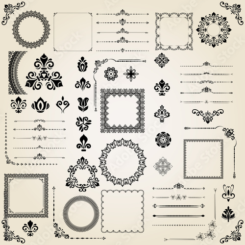 Vintage set of vector horizontal, square and round elements. Different elements for decoration design, frames, cards, menus, backgrounds and monograms. Classic patterns. Set of vintage patterns
