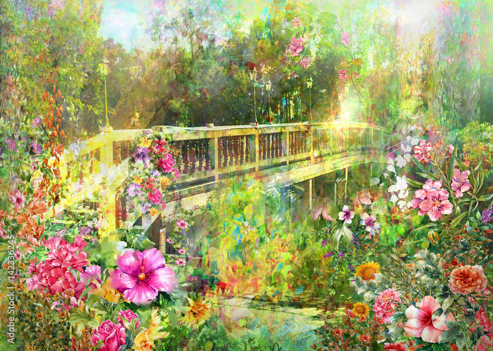 Fototapeta premium Abstract Spring multicolored flowers near Canal Bridge watercolor painting