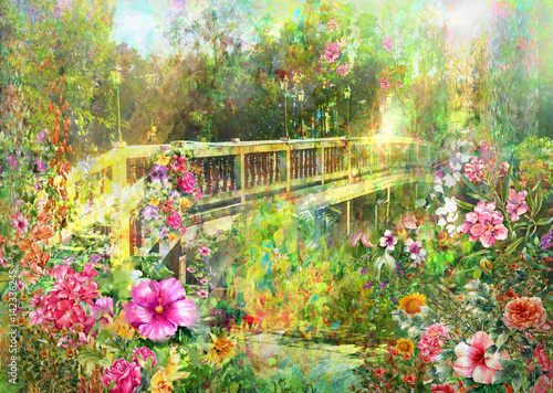 Obraz na płótnie Streszczenie wiosna wielokolorowe kwiaty w pobliżu Canal Bridge akwarela malarstwo