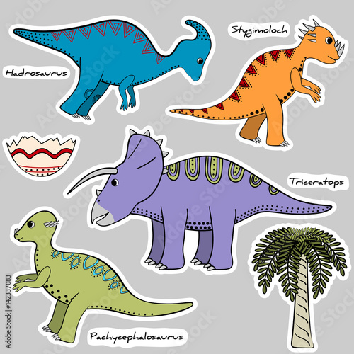 Set of stickers stylized dinosaurs, shell and tree