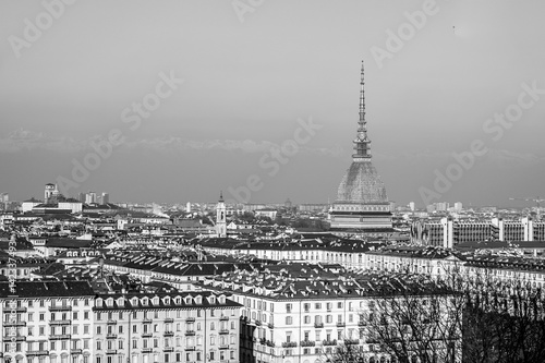 City of Turin Torino skyline panorama seen from the hill - high dynamic range HDR - black and white © steuccio79