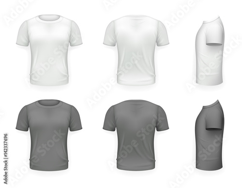 Black and White T-shirt Front Side Back View Template Realistic 3d Design Icon Transparent Background Isolated Vector illustration