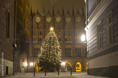 Old Market in Stralund with a Christmas Tree at night