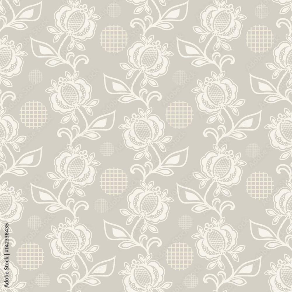 Seamless beige and white floral vector background.