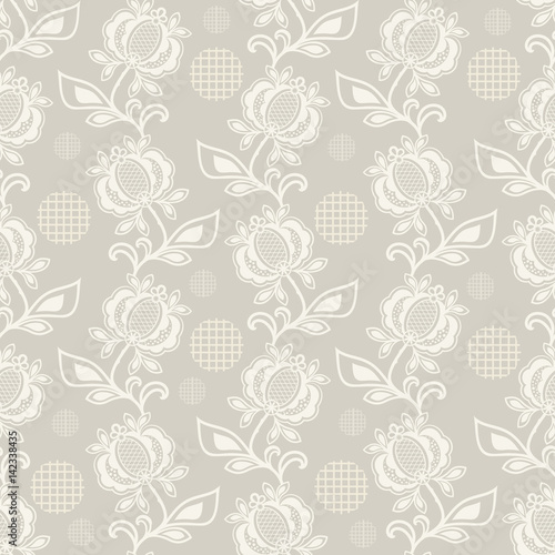 Seamless beige and white floral vector background.