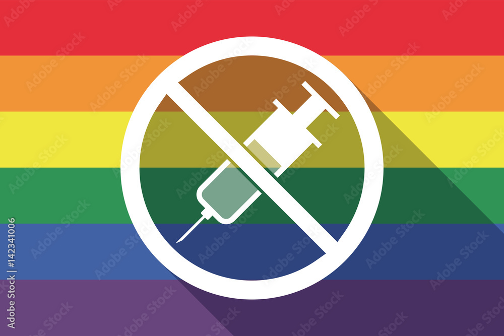 Long shadow gay pride flag with a syringe in a not allowed signal Long shadow gay pride flag with a syringe in a not allowed signal