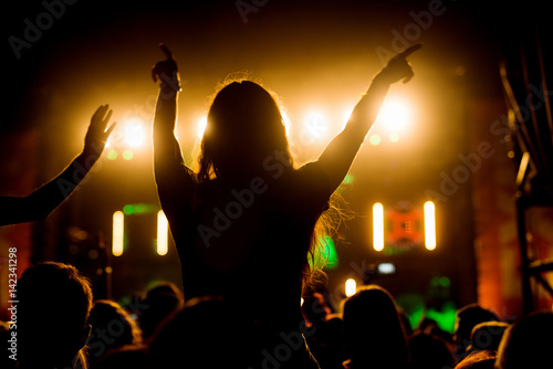 Girl enjoying in her favorite band people crowd music festival.
