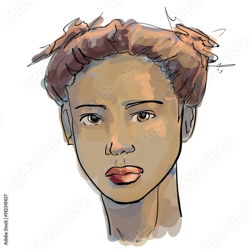 Hand-drawn graphics fashion portrait with beautiful young woman, inviting girl, top model.