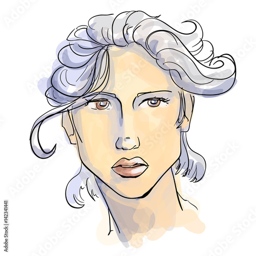 Hand-drawn graphics fashion portrait with beautiful young woman, inviting girl, top model.