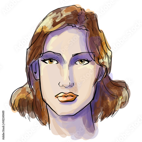 Hand-drawn graphics fashion portrait with beautiful young woman, inviting girl, top model.