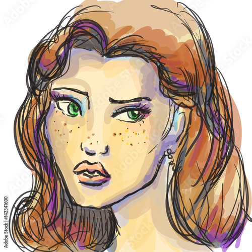 Hand-drawn graphics fashion portrait with beautiful young woman, inviting girl, top model.