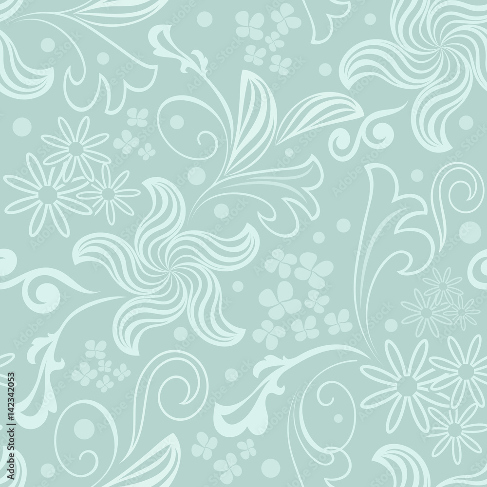 Seamless bluish green floral vector background.