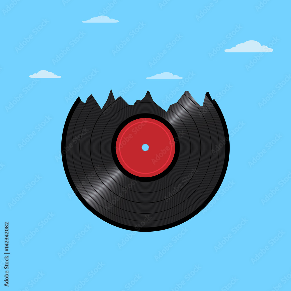 Vinyl disk record in shape mountains with clouds Vinyl disk record in shape mountains with clouds