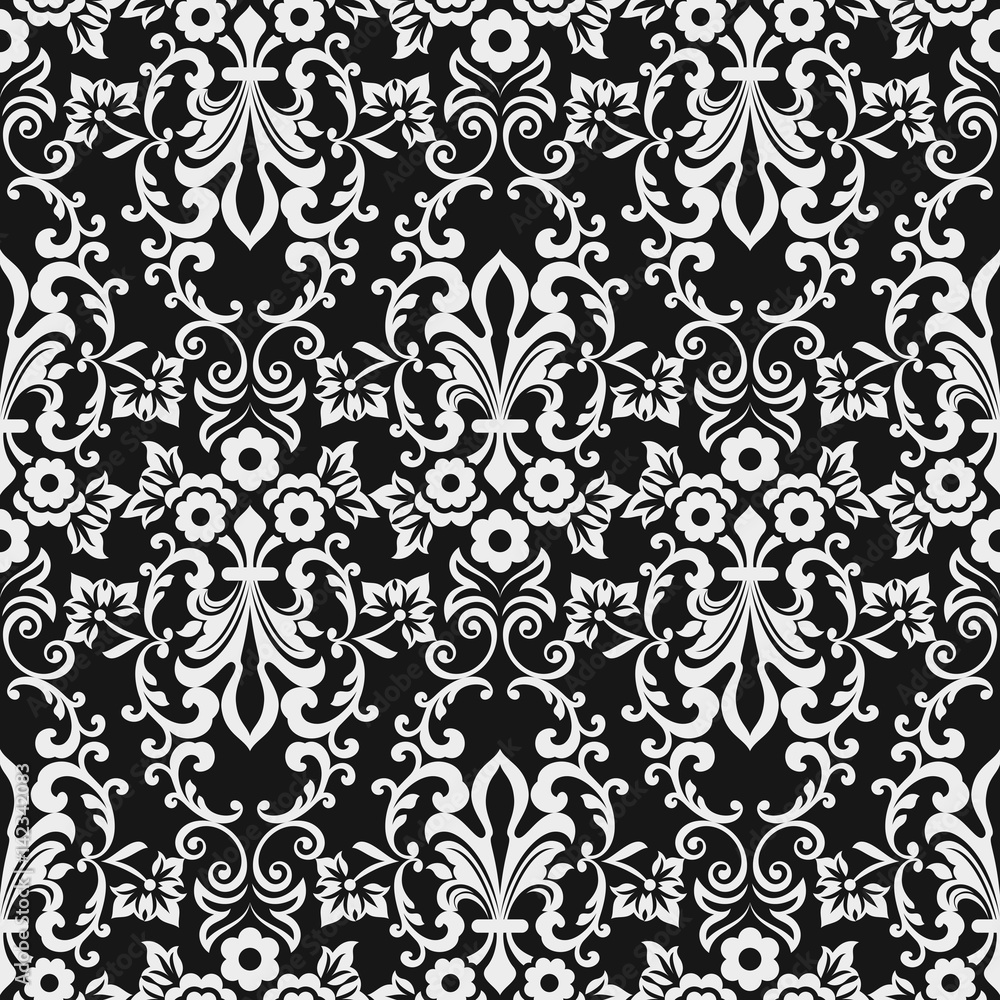 Black and white seamless floral wallpaper pattern vector template.