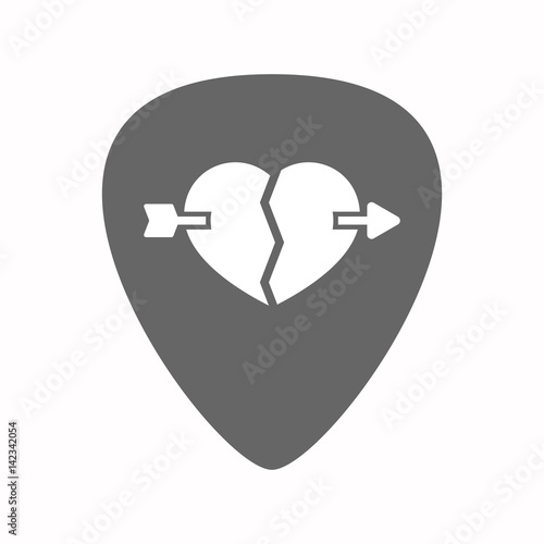 Isolated guitar plectrum with  a broken heart pierced by an arrow
