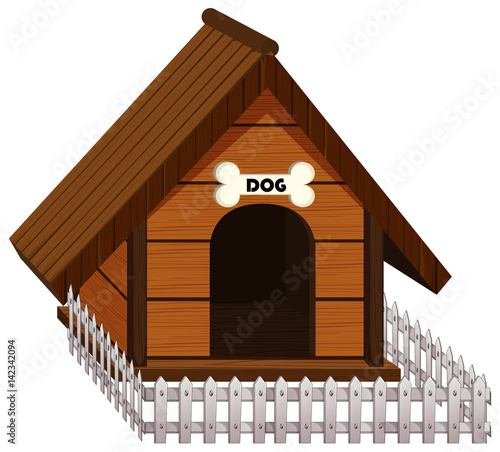 Doghouse made of wood with white fence