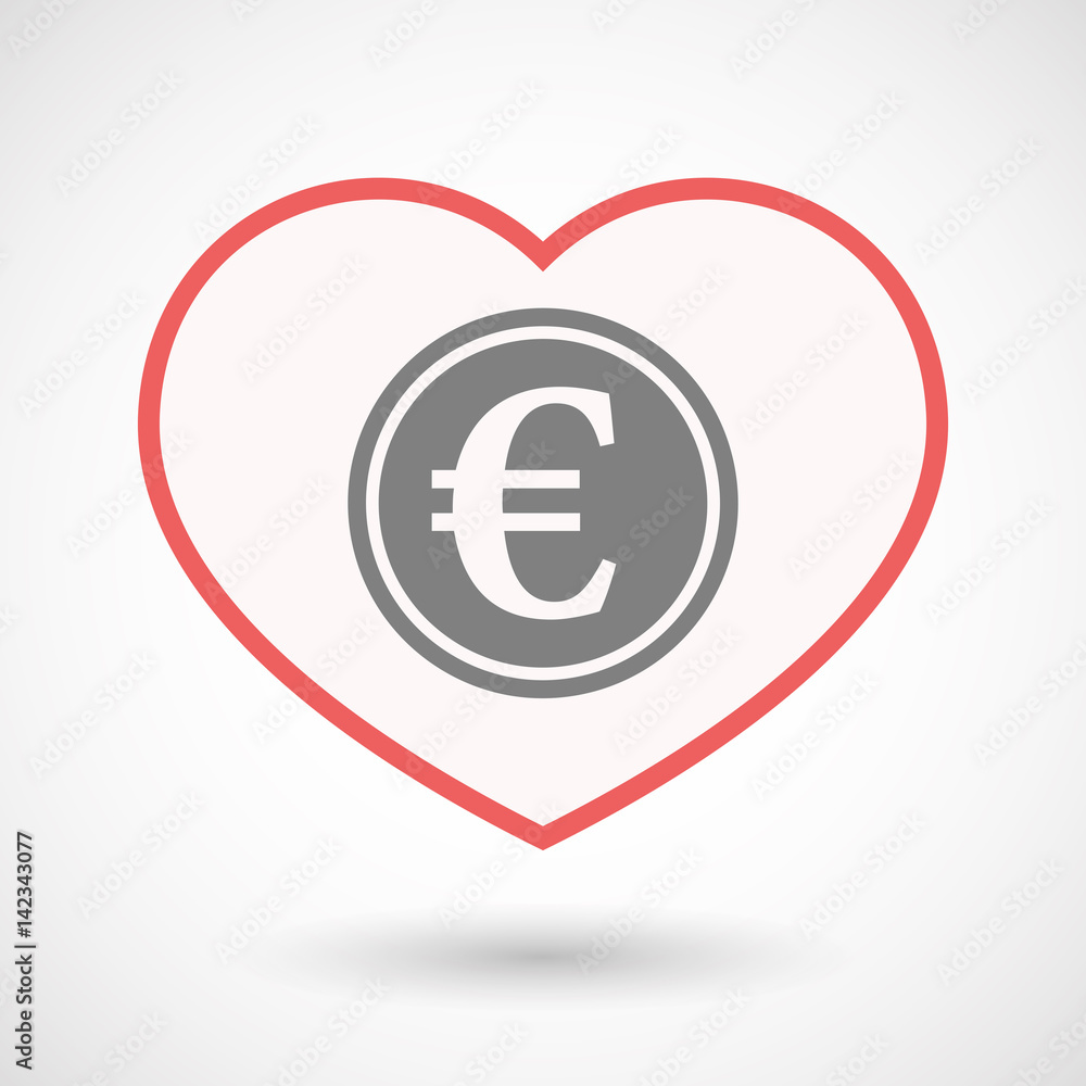 Isolated line art heart with  an euro coin