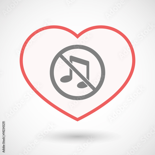 Isolated line art heart with  a musical note  in a not allowed signal