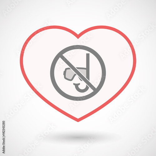 Isolated line art heart with  a diving glasses and a snorkel  in a not allowed signal