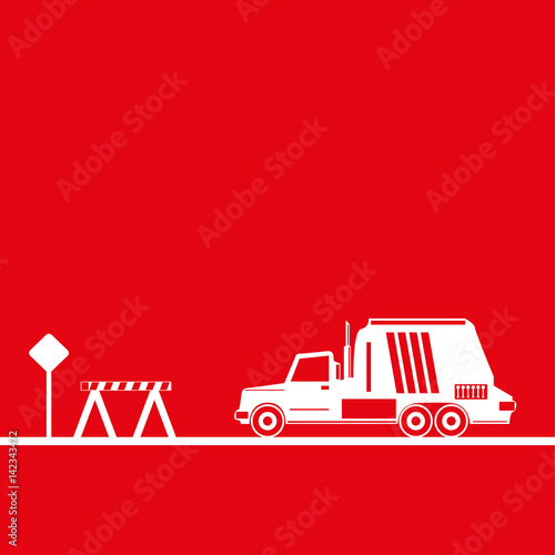 Truck in the workplace. Vector illustration. Red and white view