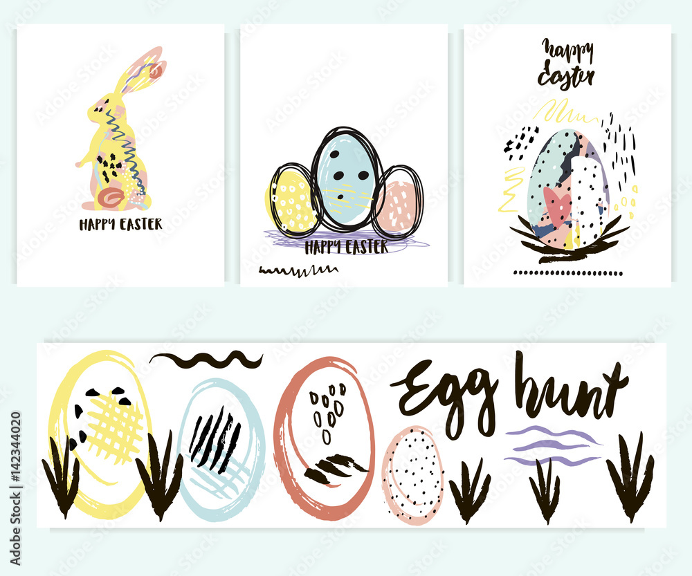 Happy Easter creative cards with hand drawn textures. Easter background with rabbits and egg. Easter Vector greeting card.