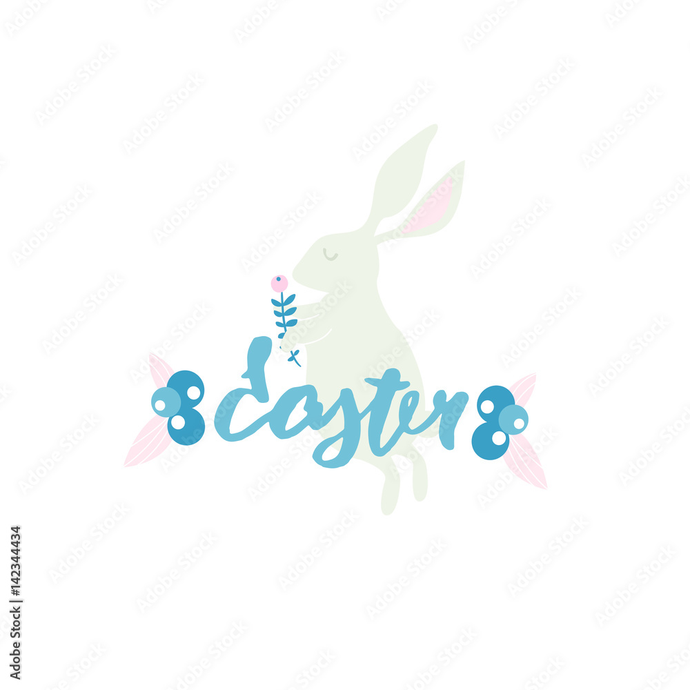 Fototapeta premium Easter banner with rabbit. Eater handlettering. Spring floral composition.Greeting background.Vector Illustration