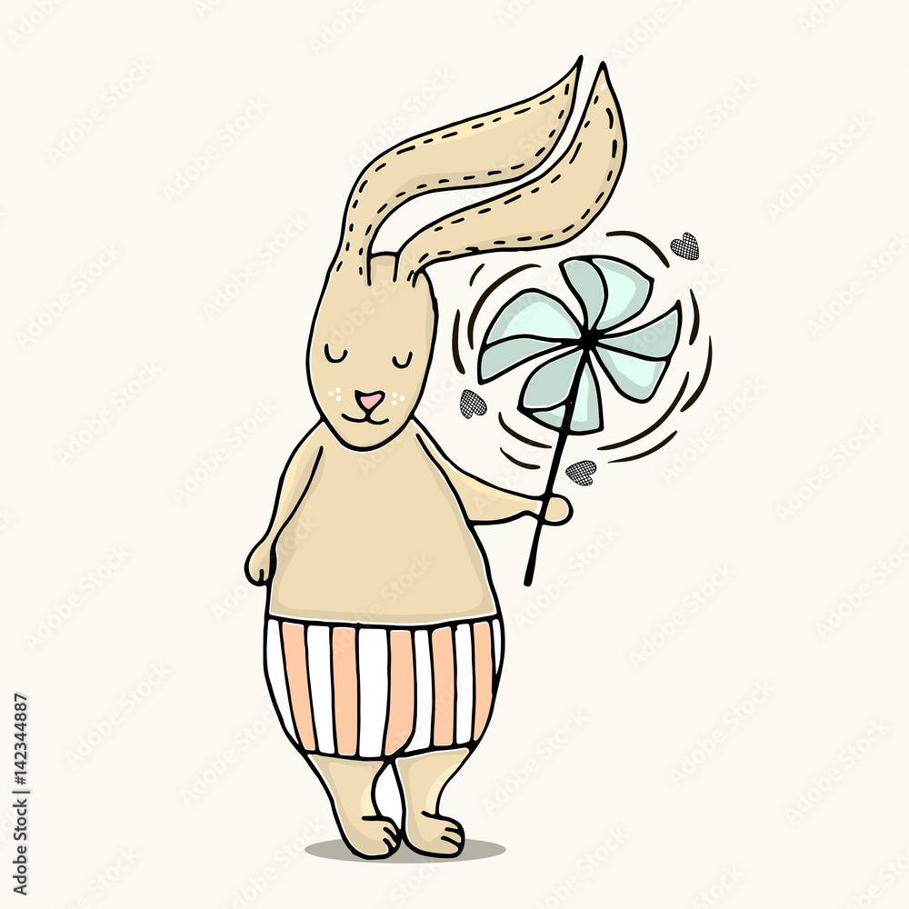 Cute little bunny boy. Hand Sketched cartoon rabbit with windmill