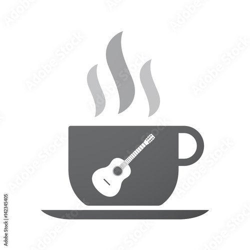 Isolated coffee mug with  a six string acoustic guitar