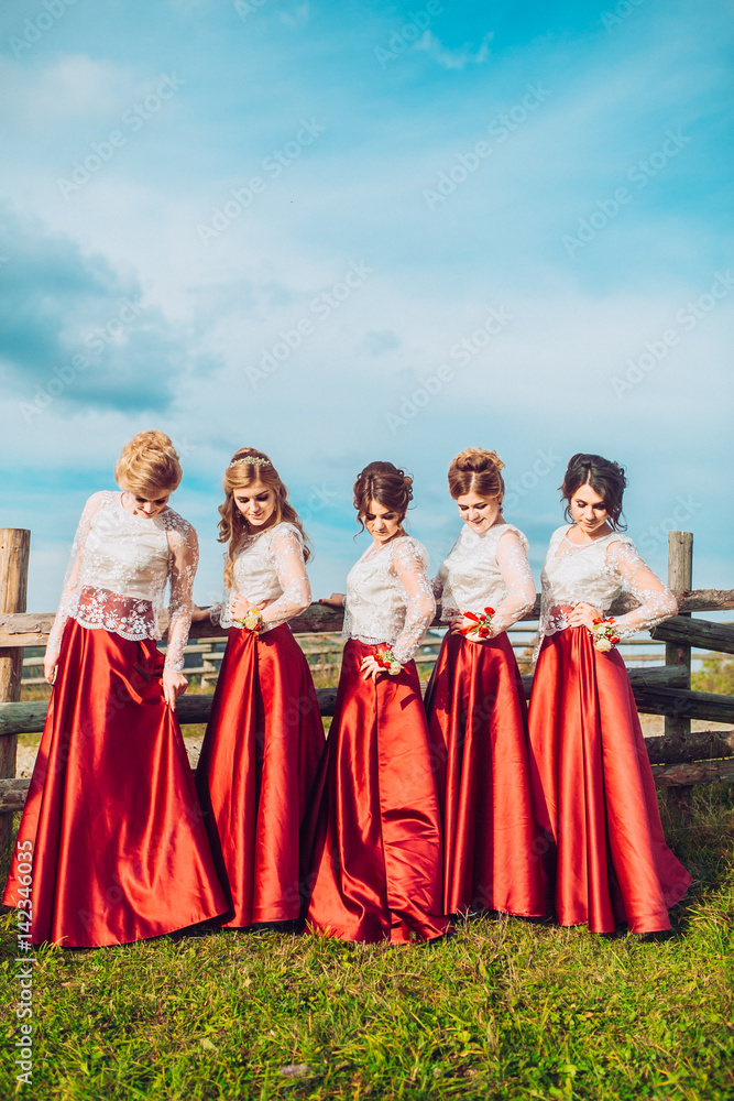 Five beautiful bridesmaids in same color red dress on wedding day having fun and circling around dresses behind mountains and blue sky. Funny girls.